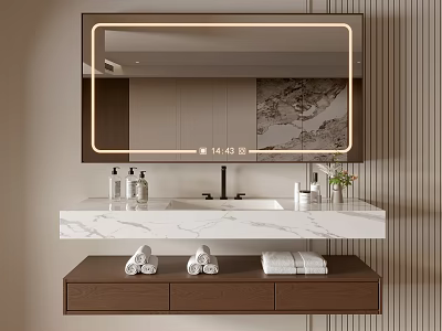 Modern Bathroom Vanity Cabinet With Lighted Mirror Marble Countertop Towels And Toiletries 3d model
