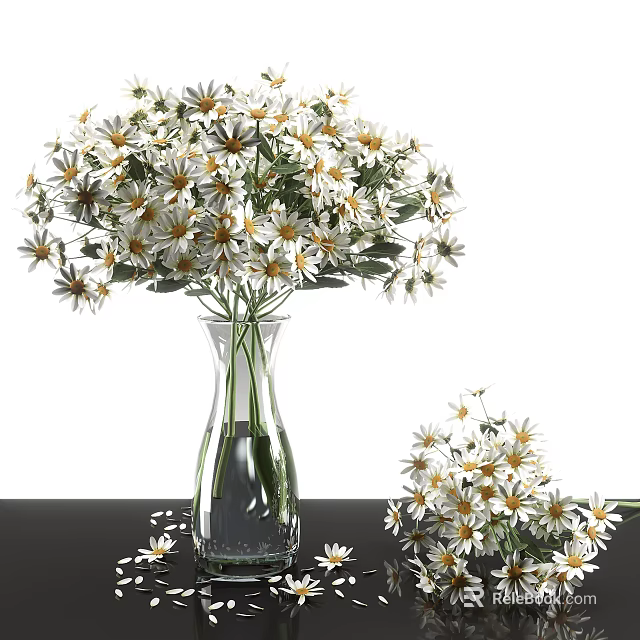 Transparent Glass Vase Holding White and Yellow Daisies on Black Tabletop with Small Bouquet Beside 3d model 