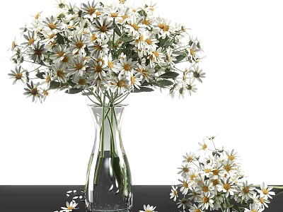 Transparent Glass Vase Holding White and Yellow Daisies on Black Tabletop with Small Bouquet Beside 3d model