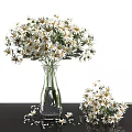 Transparent Glass Vase Holding White and Yellow Daisies on Black Tabletop with Small Bouquet Beside
