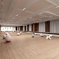 Spacious Ballroom Featuring Wooden Floor Circular Decorations Exercise Balls Benches And Ceiling Lights