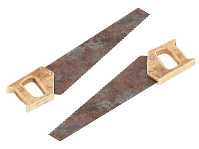 Vintage Hardware Hand Saws With Wooden Handles And Rusty Blades 3d model