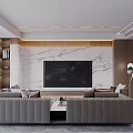 Modern Living and Dining Room Interior With Gray Sofa Marble Coffee Table and Open Kitchen