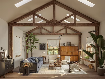 Cozy Living Room Interior With Wooden Roof Trusses Skylights Sofa Coffee Table And Large Plants 3d model