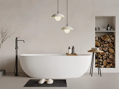 White Freestanding Bathtub With Hanging Pendant Lights Wooden Log Storage And Black Mat 3d model