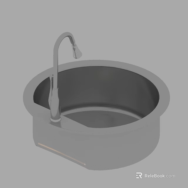 Round Stainless Steel Washbasin with Curved Faucet and Smooth Surface Design 3d model 