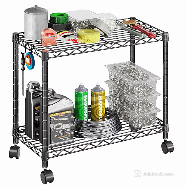 Rolling Wire Shelving Unit for Garage Tool Organization with Spray Cans Cables and Storage Bins 3d model 