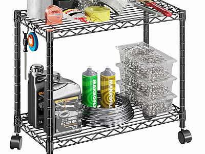 Rolling Wire Shelving Unit for Garage Tool Organization with Spray Cans Cables and Storage Bins 3d model