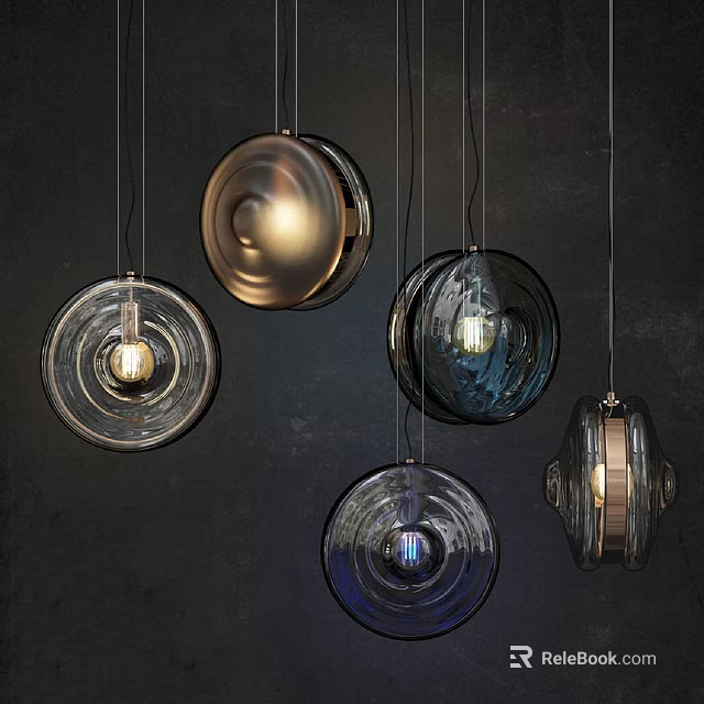 Multiple Modern Design Pendant Lights With Glass And Metal Suspended On Dark Background 3d model 