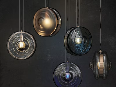 Multiple Modern Design Pendant Lights With Glass And Metal Suspended On Dark Background 3d model