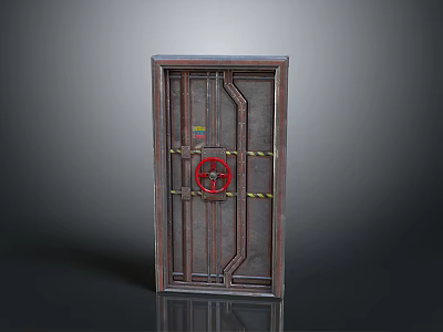 Vintage Industrial Door With Dark Wooden Frame Red Decorative Wheel Metal Straps And Paneled Design 3d model