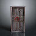 Vintage Industrial Door With Dark Wooden Frame Red Decorative Wheel Metal Straps And Paneled Design
