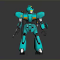 Turquoise Robot Game Movie Character With Weapons In Standing Pose On Reflective Background