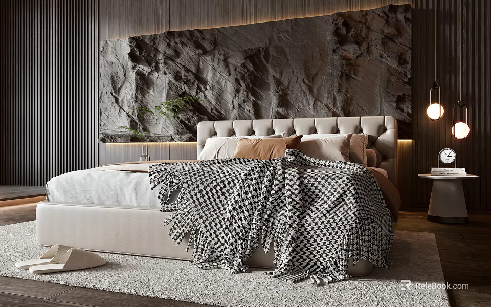 Modern Double Bed With Button Tufted Upholstered Headboard Gray Stone Accent Wall And Plants 3d model