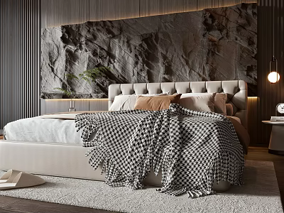 Modern Double Bed With Button Tufted Upholstered Headboard Gray Stone Accent Wall And Plants 3d model