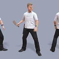 Two Men in White T Shirts and Black Pants Holding a Knife in Different Poses