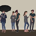 Group of people standing against wall holding black umbrella using smartphones and talking casually 3d model