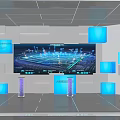 Big Data Exhibition Hall With Large Screen Displaying Digital Visualization And Blue Lighting Podiums 3d model