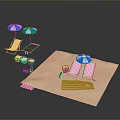 Modern Beach Scene With Striped Deck Chairs Blue Umbrellas And Sandy Area
