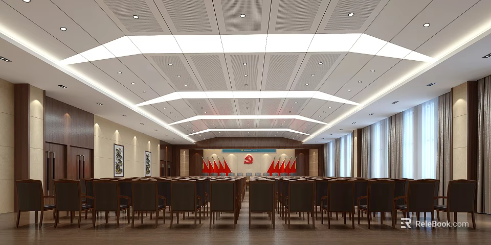 Modern Conference Room With Red Flags Emblem Row Of Chairs Ceiling Lighting And Large Windows 3d model 