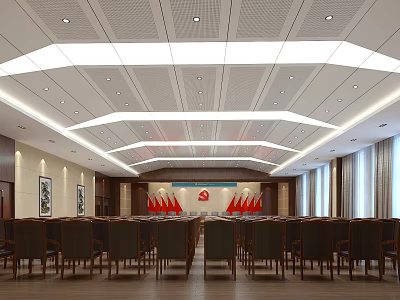 Modern Conference Room With Red Flags Emblem Row Of Chairs Ceiling Lighting And Large Windows 3d model