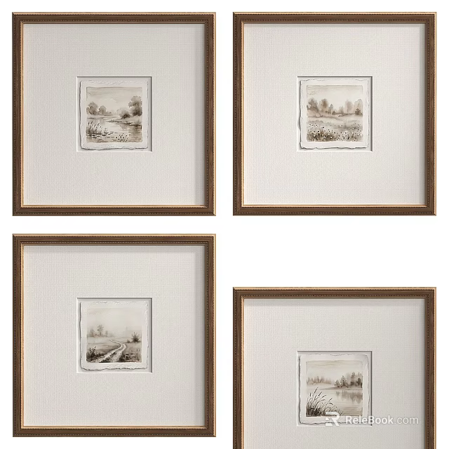 Framed Abstract Paintings with Black and White Landscape Scenery in Brown Wooden Frames 3d model 