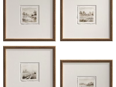 Framed Abstract Paintings with Black and White Landscape Scenery in Brown Wooden Frames 3d model