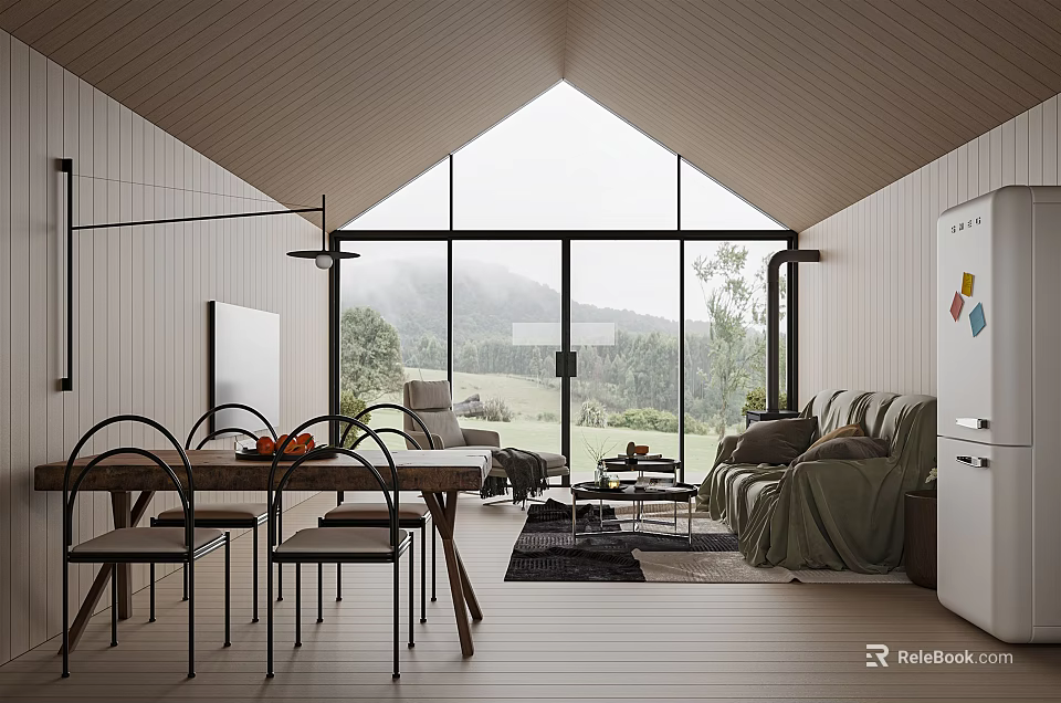 Modern Open Living Dining Room With Wooden Table Sofa And Large Windows View 3d model 