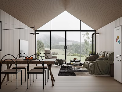 Modern Open Living Dining Room With Wooden Table Sofa And Large Windows View 3d model