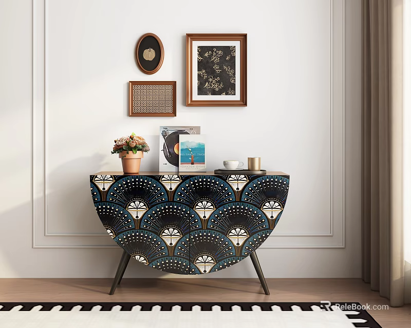 Blue Diamond Pattern Console Table With Potted Flowers Books And Wall Art 3d model