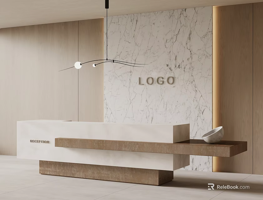 Modern Reception Desk Interior With Marble Wall Logo And Wooden Elements 3d model 