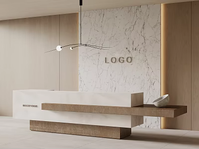 Modern Reception Desk Interior With Marble Wall Logo And Wooden Elements 3d model