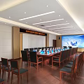 Spacious Conference Room with Long Table Wooden Floor Large Screen and Bright Windows