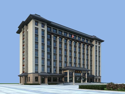 Modern Traditional Hospital Building With Multiple Floors Large Windows And Entrance Plaza 3d model