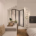 Modern Hotel Guest Room With Bed Quilt Pillows Decorative Painting Sofa Desk And Wooden Floor