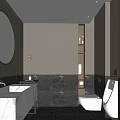 Elegant Hotel Bathroom Interior With Round Mirror Marble Sink Countertop Toilet Urinal And Dark Walls