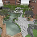 Modern Garden Landscape with Pond Rocks Green Plants Pavilion and Pergola near Building
