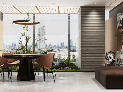 Elegant Hotel Mahjong Room Interior With Comfortable Chairs Bright Lighting And Green Plants 3d model