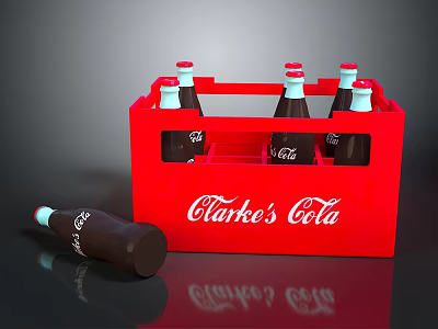 Red Clarke's Cola Crate Display With Glass Bottles And Spilled Bottle 3d model