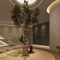 Modern Beauty Salon Interior With Reception Desk Round Lighting Plants And Stone Wall