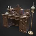 Classic Wooden Desk Featuring Stacked Books Hourglass Candle Holders and Table Lamp