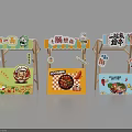 Colorful Street Food Booths With Cartoon Decor Noodles Sausages And Seafood Dishes