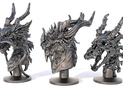 Three Intricate Metal Dragon Head Sculptures With Detailed Horns And Fierce Expressions 3d model