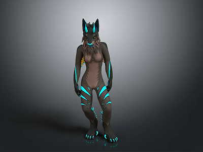 Anthropomorphic Wolf Character With Neon Blue Glowing Stripes And Ears 3d model