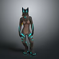 Anthropomorphic Wolf Character With Neon Blue Glowing Stripes And Ears