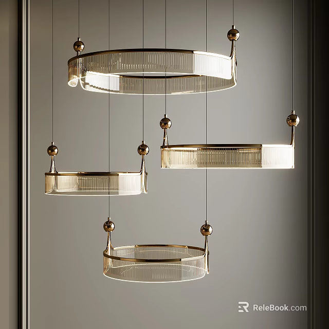 Elegant Modern Chandeliers With Gold Frame Circular Design And Transparent Elements 3d model 