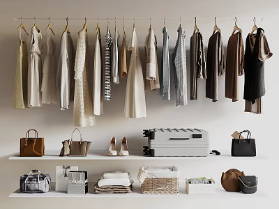 Stylish Clothes Hanging On Rack With Bags And Shoes 3d model