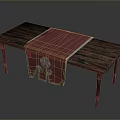 Rustic Wooden Dining Table With Red Tablecloth And White Floral Pattern 3d model