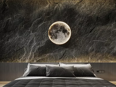 Round Moon Shaped Wall Lamp On Stone Textured Bedroom Wall Modern Decor 3d model