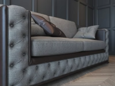 Elegant Gray Tufted Two Seater Sofa With Dark Paneled Walls Herringbone Floor And Pillows 3d model